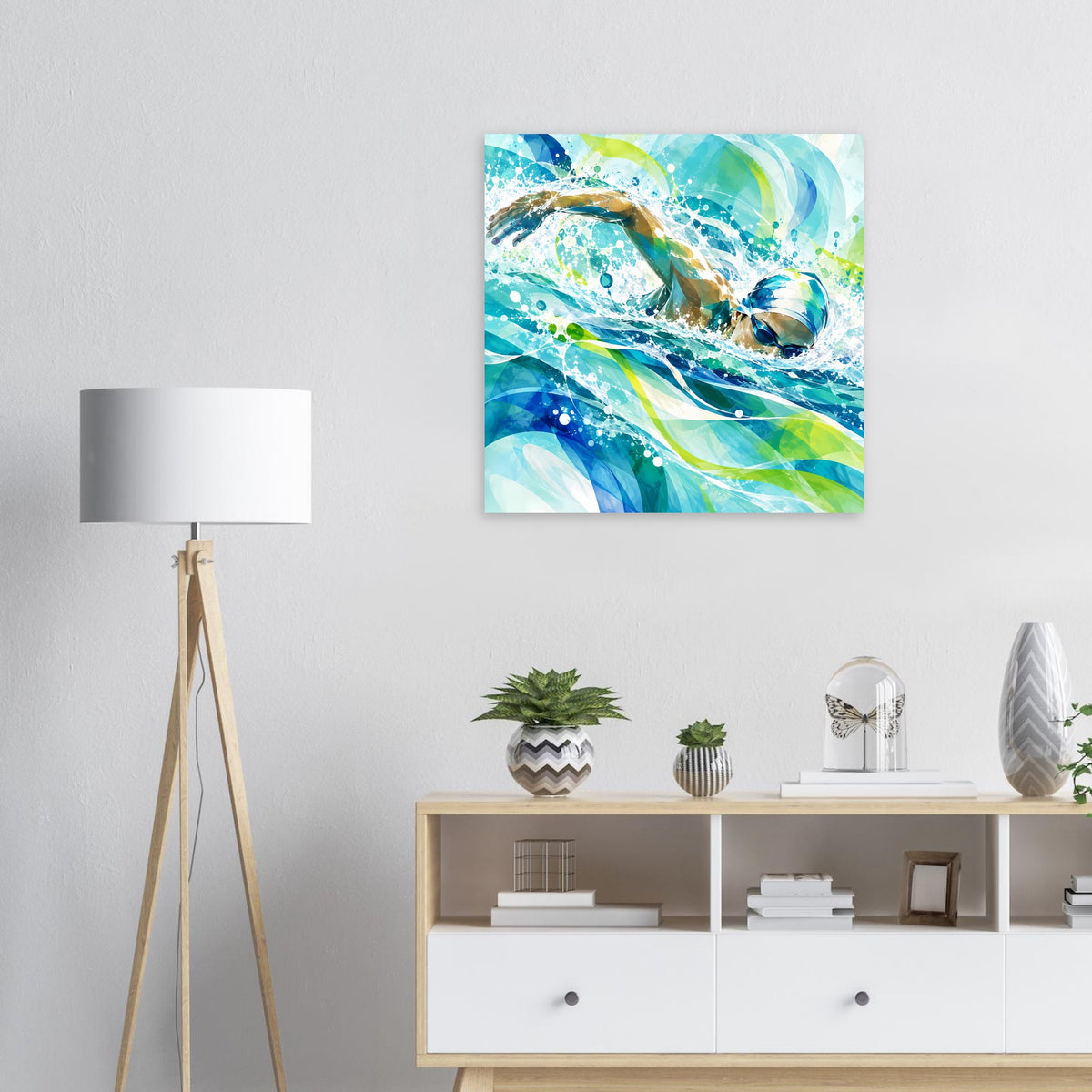 Kunstposter mit Delphin im Wasser, abstrakte Blau- und Grüntöne, quadratisch