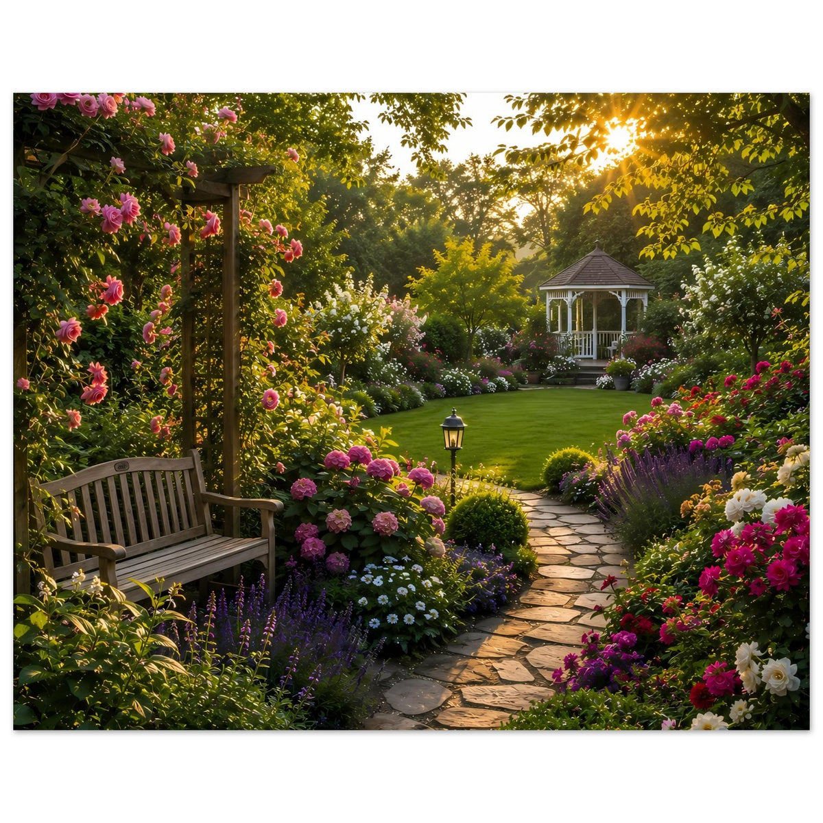 Horizontales Gartenposter mit Blumenranken, Holzbank links und beleuchtetem Gartenweg