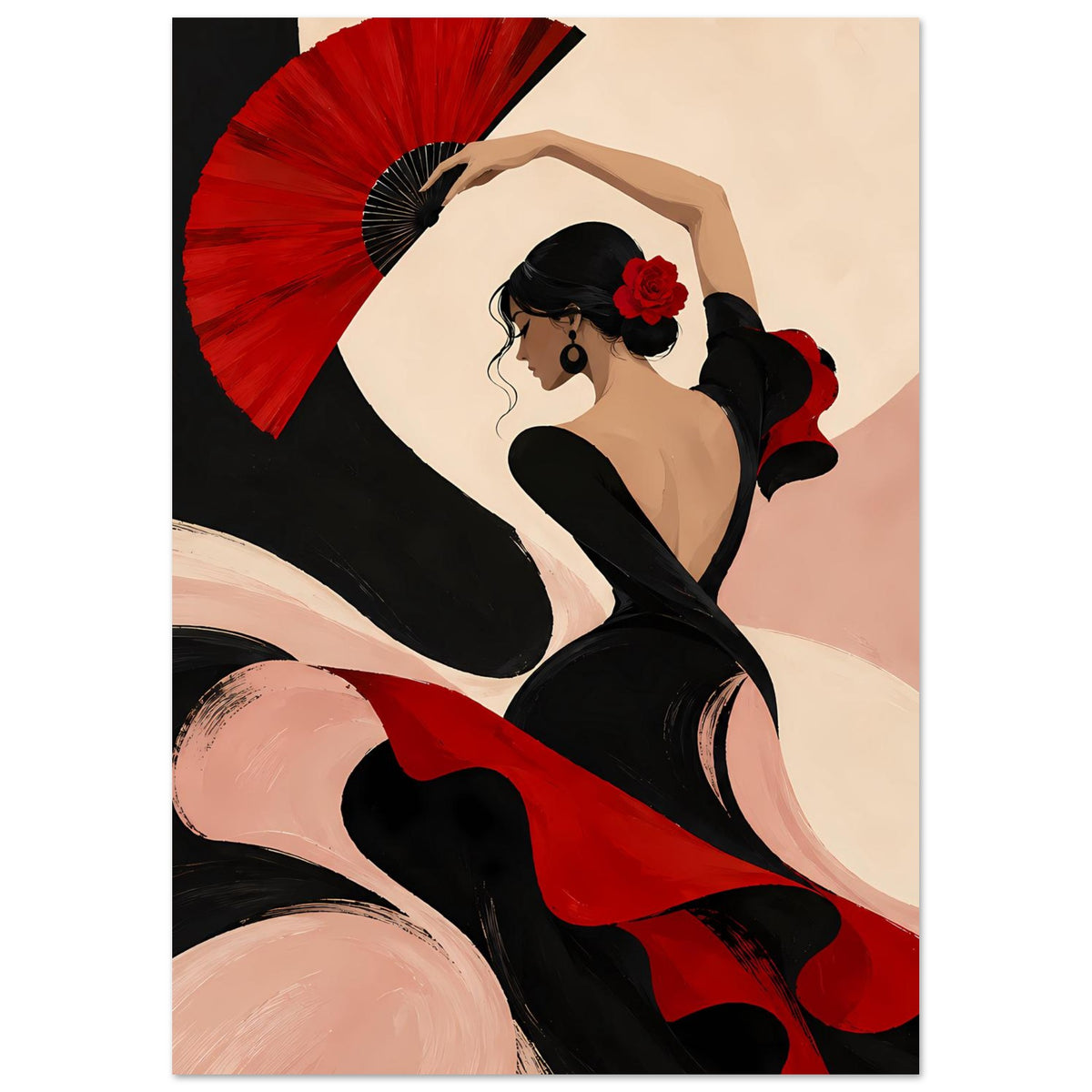 Vertikales Poster: Flamenco-Tänzerin in Schwarz mit rotem Fächer und roter Blume
