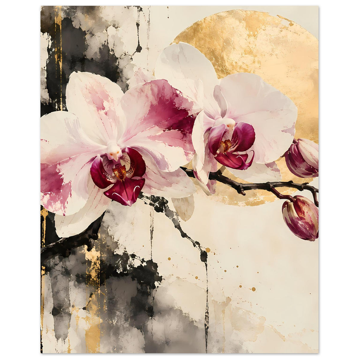Blumenposter mit Orchideenblüten in Weiß und Rosa, goldene Bogenfläche, dunkle Äste