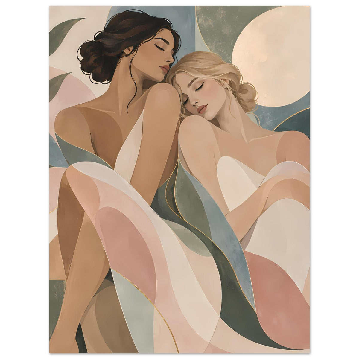 Kunstposter: zwei Frauen in Pastellfarben, Art-nouveau Stil, goldene Konturlinien sichtbar