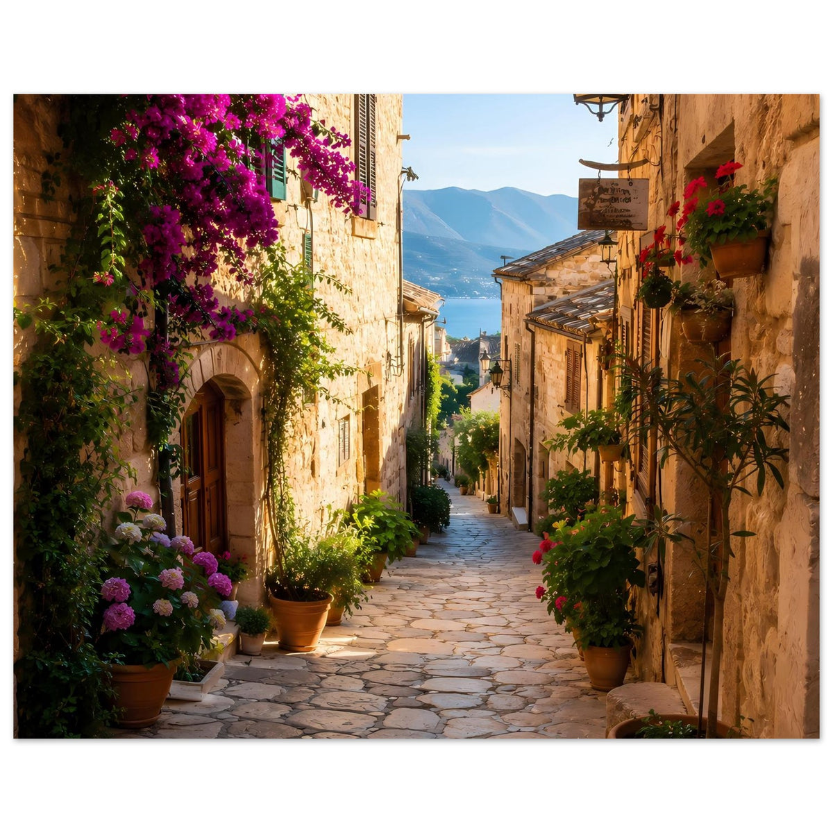 Poster im Querformat: mediterrane Steingasse mit lila Bougainvillea, Tontöpfen und Laterne