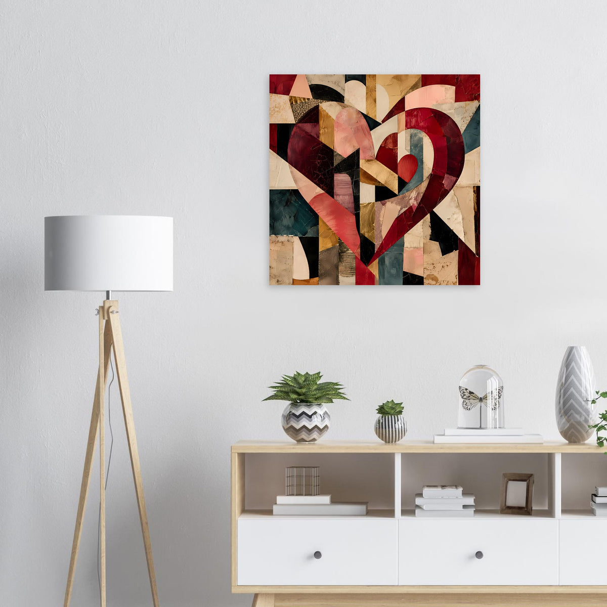Quadratisches Herz-Poster mit kubistischen Farbfeldern in dunklem Rot, Beige und Petrol