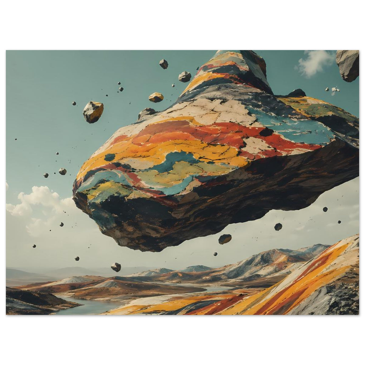 Horizontales Poster mit schwebendem Berg und Gesteinsbrocken, klare Landschaftsadern in Orange