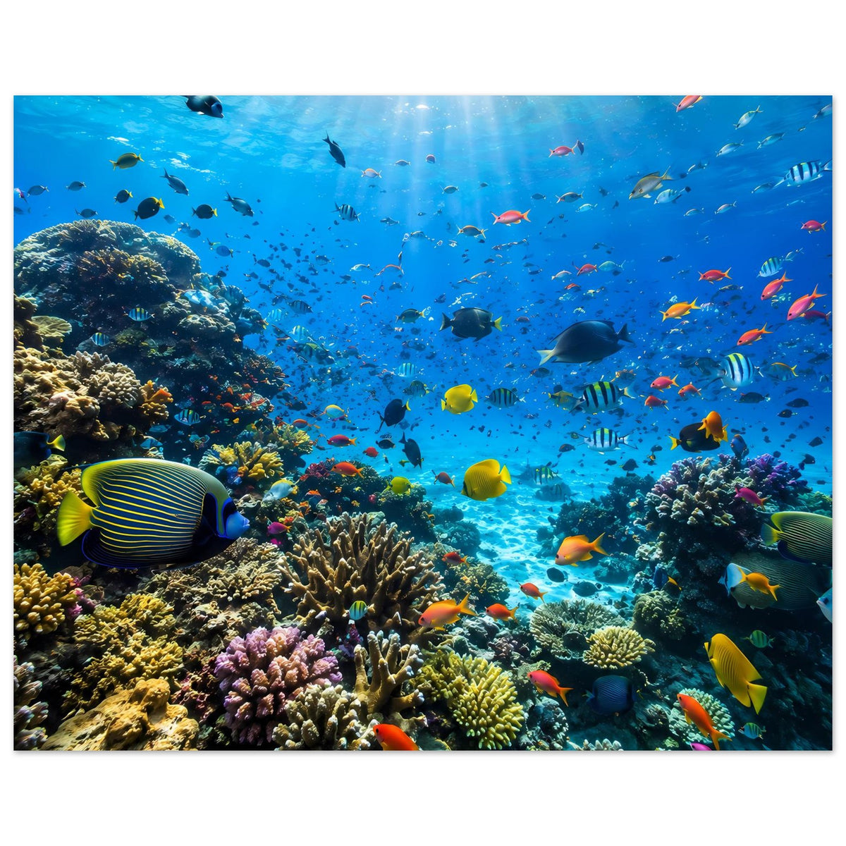 Poster mit Unterwasser-Coral-Szene: bunte Fische über Korallen und Fels