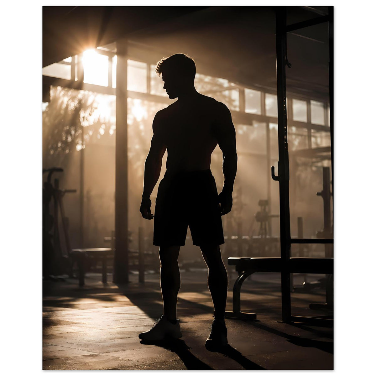 Vertikales Fitness-Poster mit schwarzer Athleten-Silhouette, seitliche Ansicht