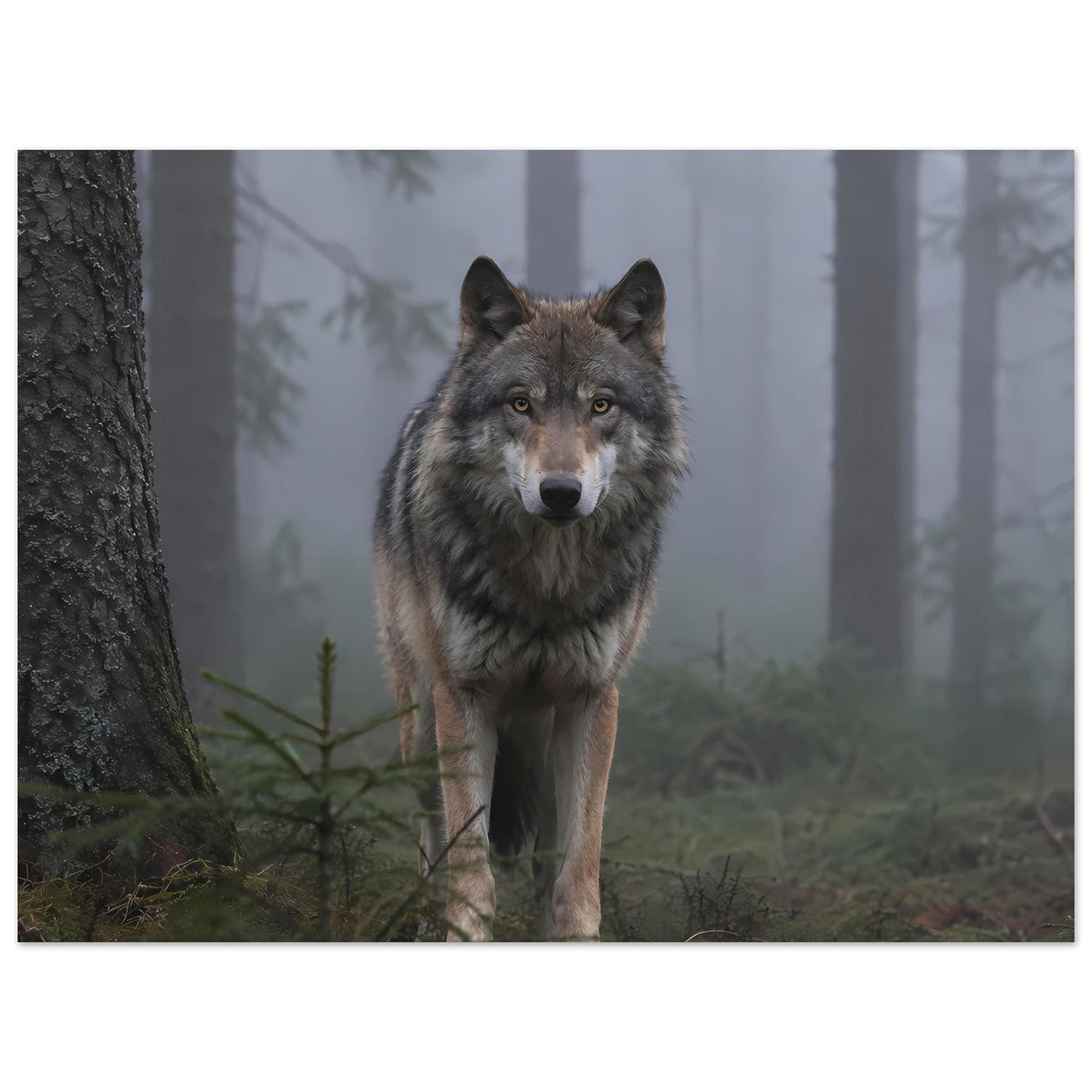 Wolfsplakat im Hochformat: grauer Wolf blickt in die Kamera, Wald im Nebel