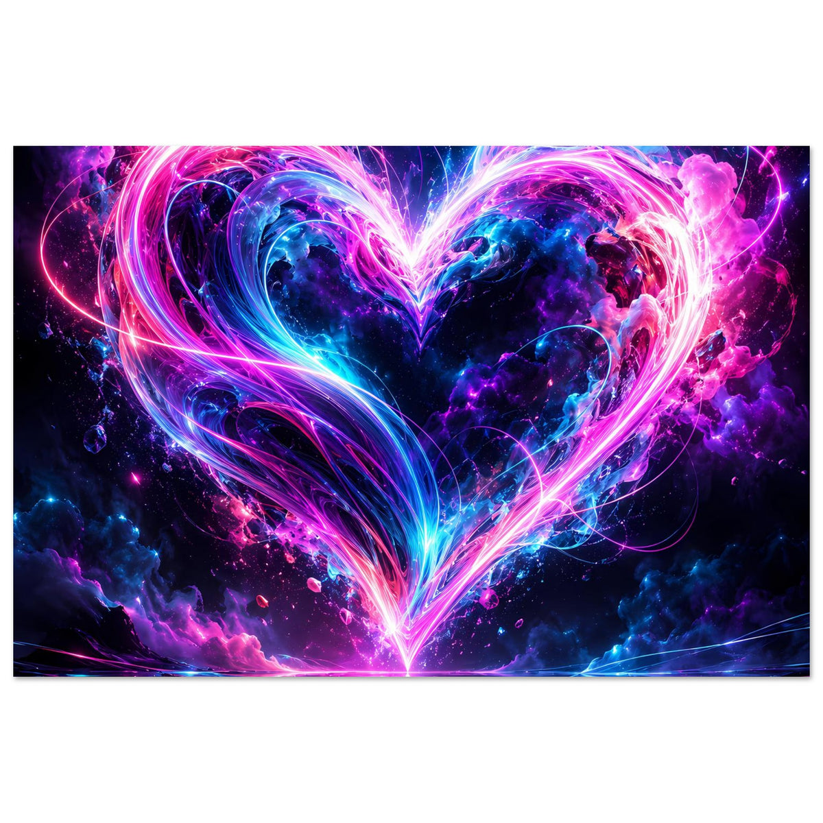 Modernes Kunstposter mit leuchtendem Neonherz in Pink und Blau, horizontal
