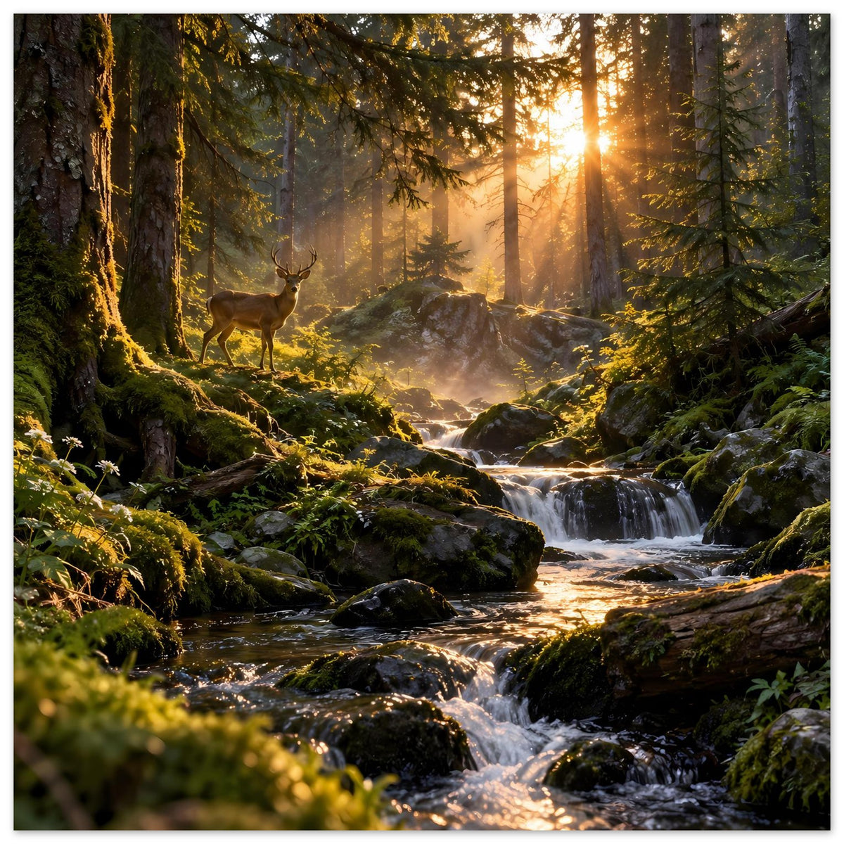 Wandposter mit Hirsch im Wald, Wasserlauf und Sonnenstrahlen durch Bäume