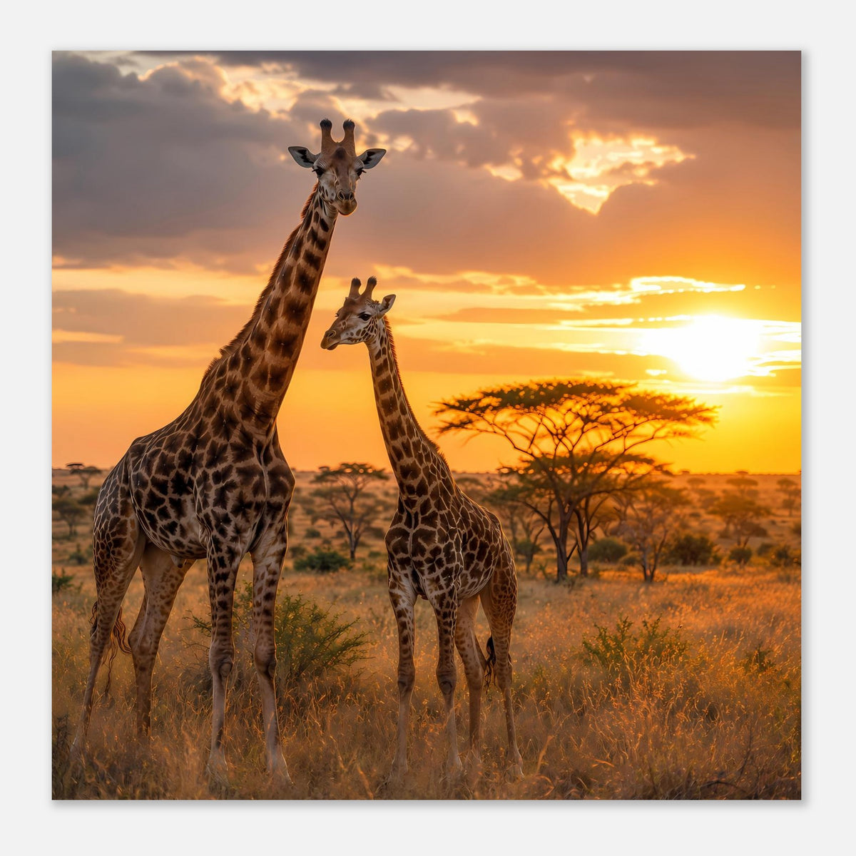 Gerahmtes Poster mit zwei braun gemusterten Giraffen im Safari-Look