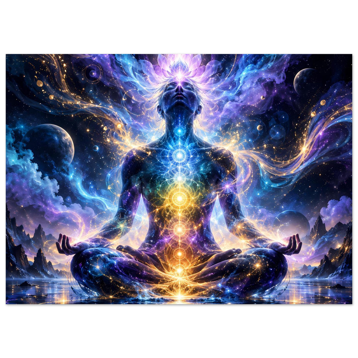Spirituelles Wandposter im Querformat: meditierende Figur, golden leuchtender Chakra-Mittelpunkt