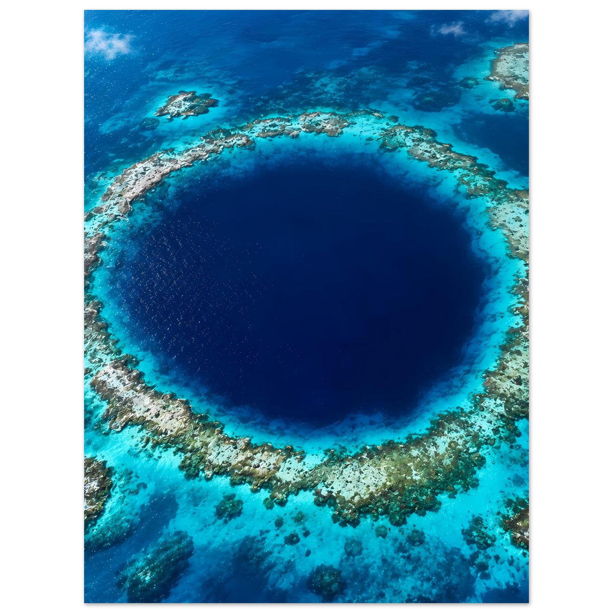 Poster mit Unterwasser-Szene: dunkler blauer See im Kreis, umgeben von Korallenriffen