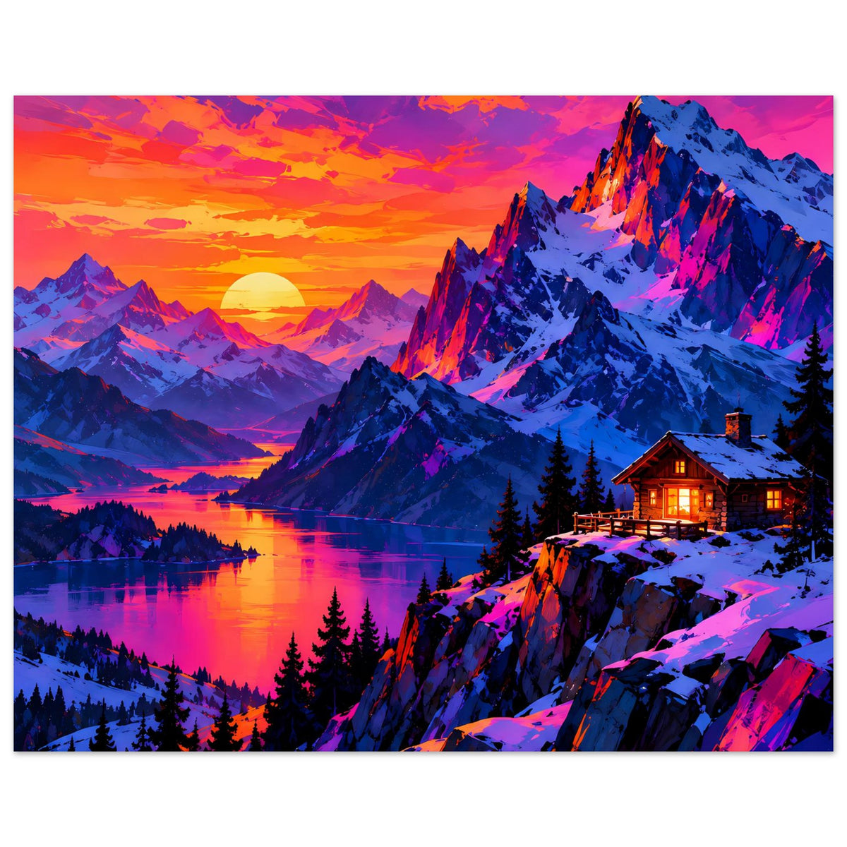 Poster im Querformat: Sonnenuntergang über Bergsee, verschneite Berge und beleuchtetes Haus.