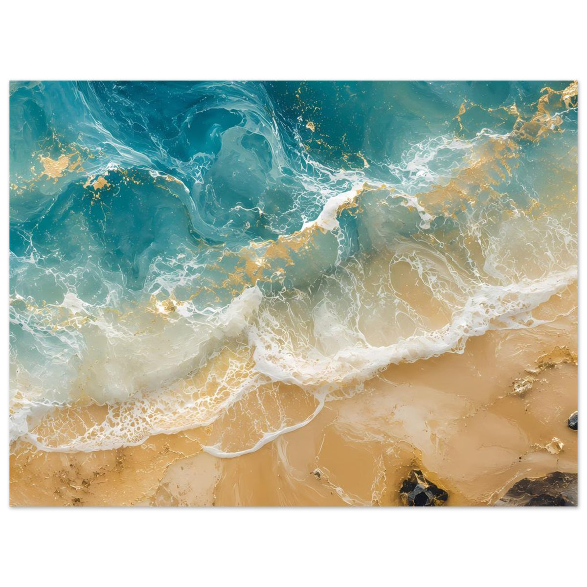 Horizontales Poster mit Ozeanwellen und Sandstrand, türkisblau, goldene Akzente, weißer Schaum