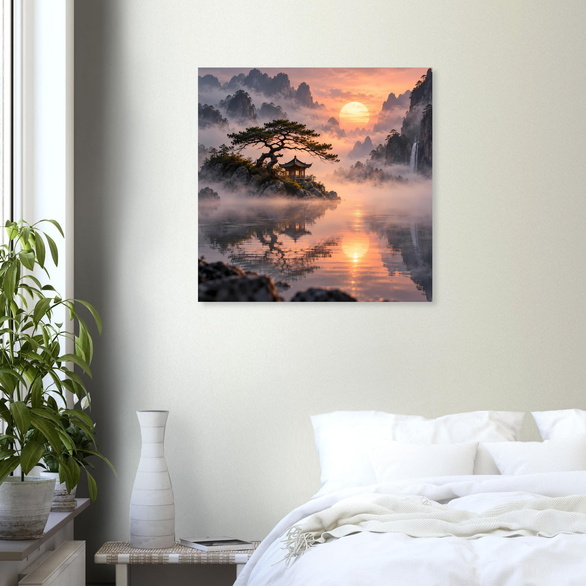 Wandposter mit asiatischer Landschaft: Pagode im Nebel, Spiegelung des Sonnenuntergangs