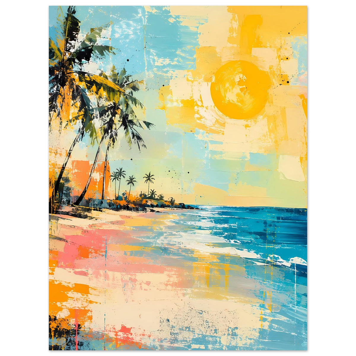Hochformatiges Strandposter mit Palme, Meer und Sonne; Türkis, Orange, Gelb