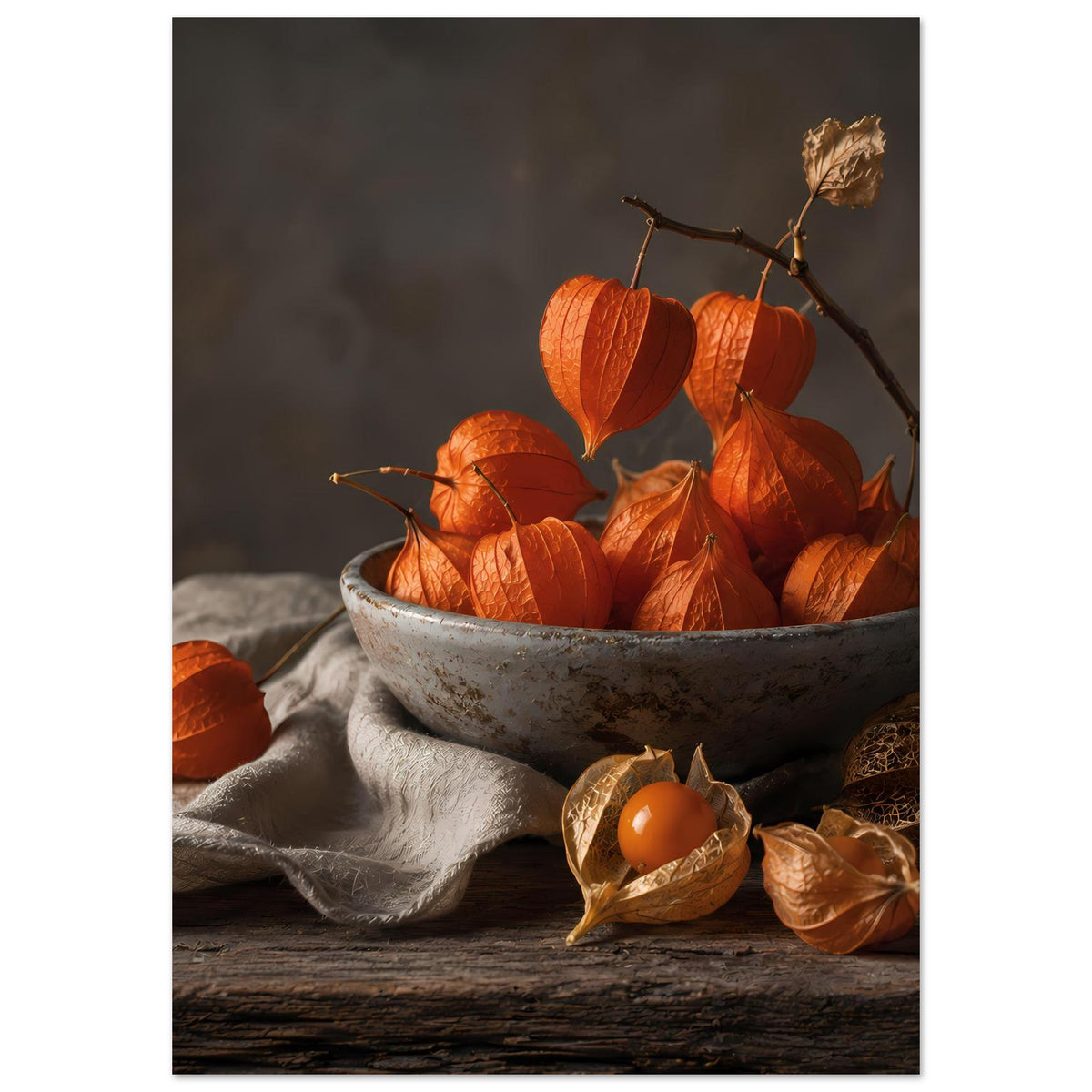 Herbstposter im Hochformat: Schale mit orange Kürbisfrüchten, Zweig, Tuch und Blätter