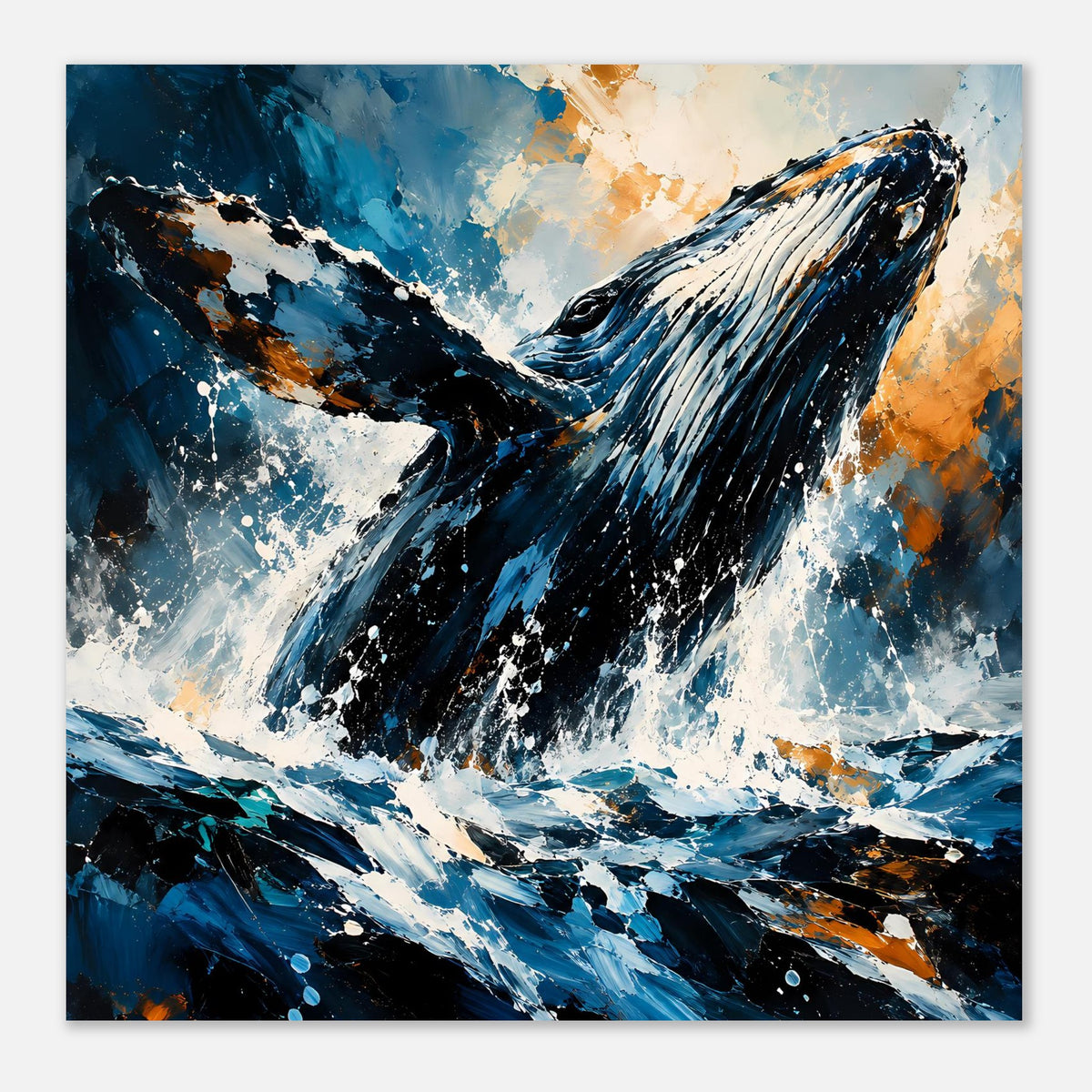 Walposter horizontal, dynamischer Blauwal-Sprung mit Blau- und Orangetönen im Meer