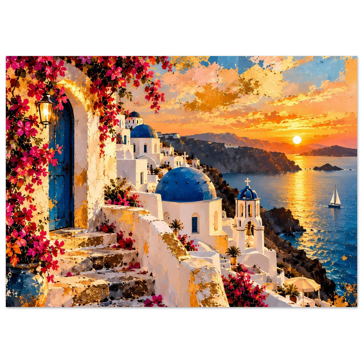 Horizontales Poster: Santorini-Szene mit Treppe, weißen Häusern, blauer Kuppel, Sonnenuntergang