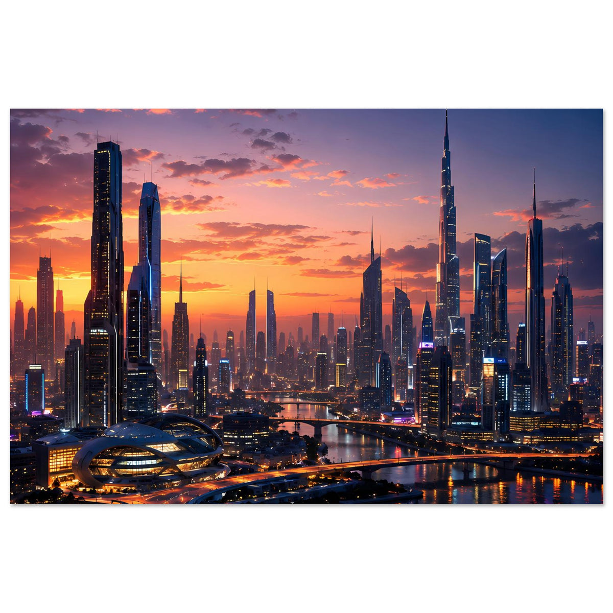 Gerahmtes Poster mit Skyline bei Sonnenuntergang, Querformat, breiter Ausschnitt