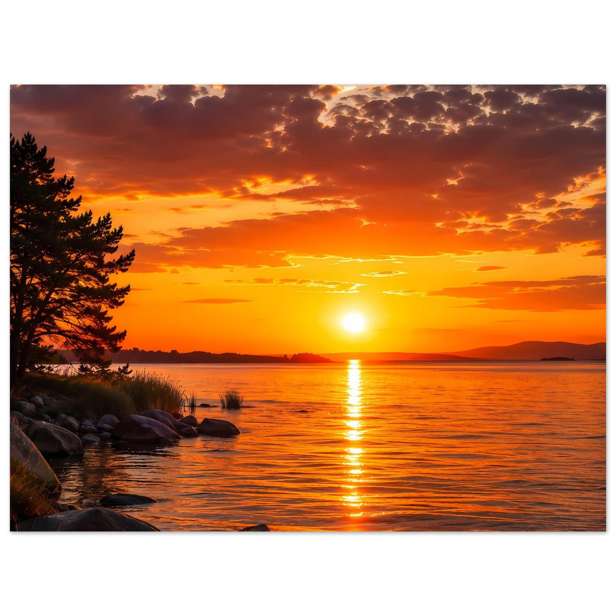 Poster mit Sonnenuntergang über ruhigem See, leuchtende Wolken, Steine am Ufer und Nadelbaum