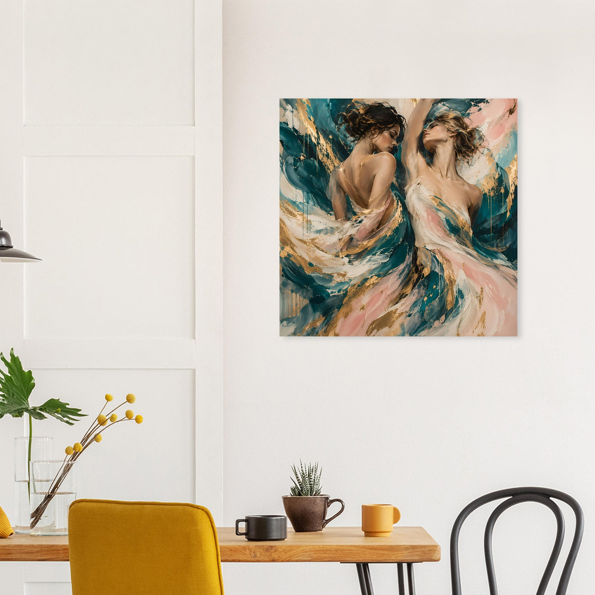 Hochformat-Poster mit zwei Tänzerinnen in wallenden Kleidern, abstrakt bemalt in Blau, Grün und Rosa