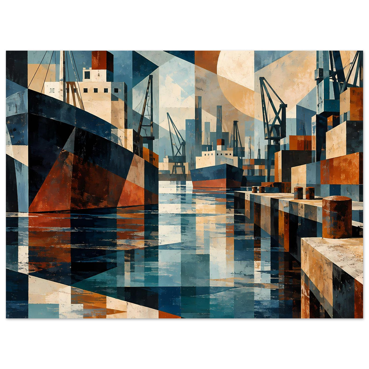 Geometrischer Hafen-Kunstdruck mit Wasser, Kränen und Gebäuden in Blau- und Erdtönen