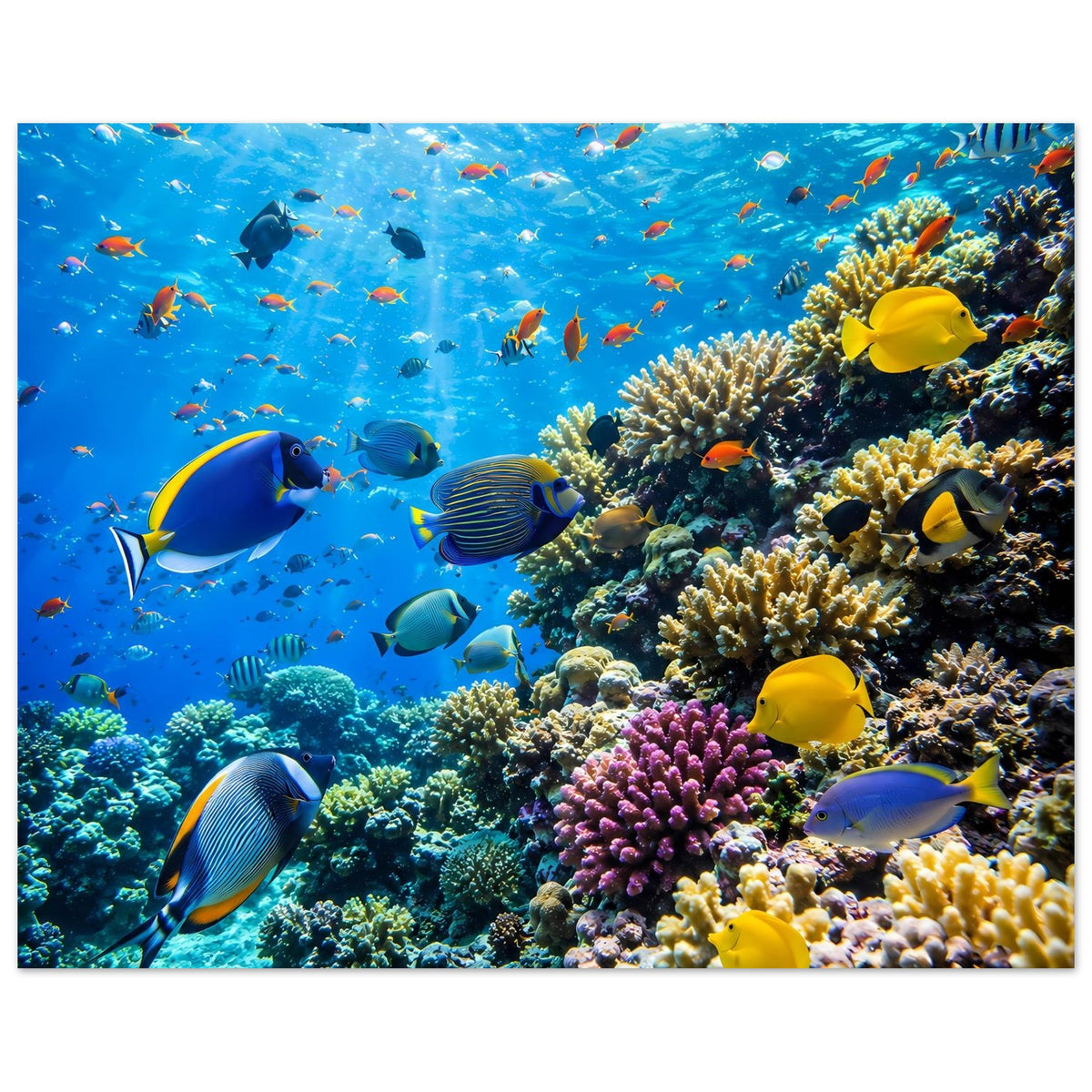 Korallenriff-Poster mit Blick in die Tiefe: viele kleine Fische und bunte Korallen
