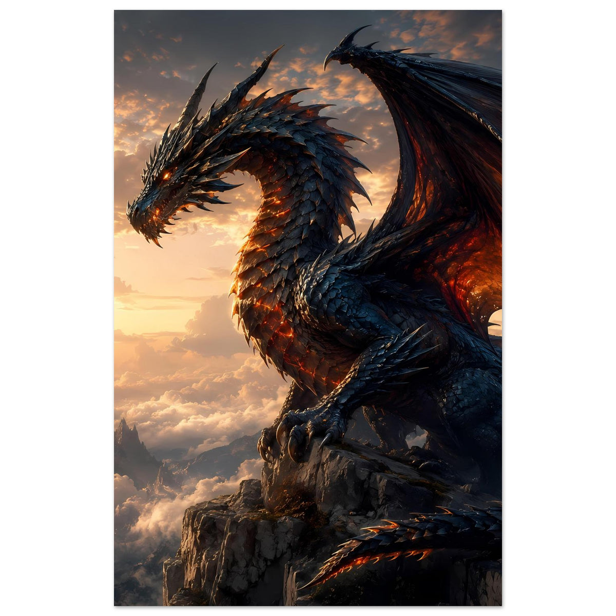 Fantasy-Poster im Hochformat: Drachenkopf und Flügel, leuchtende Augen, dunkle Schuppenstruktur