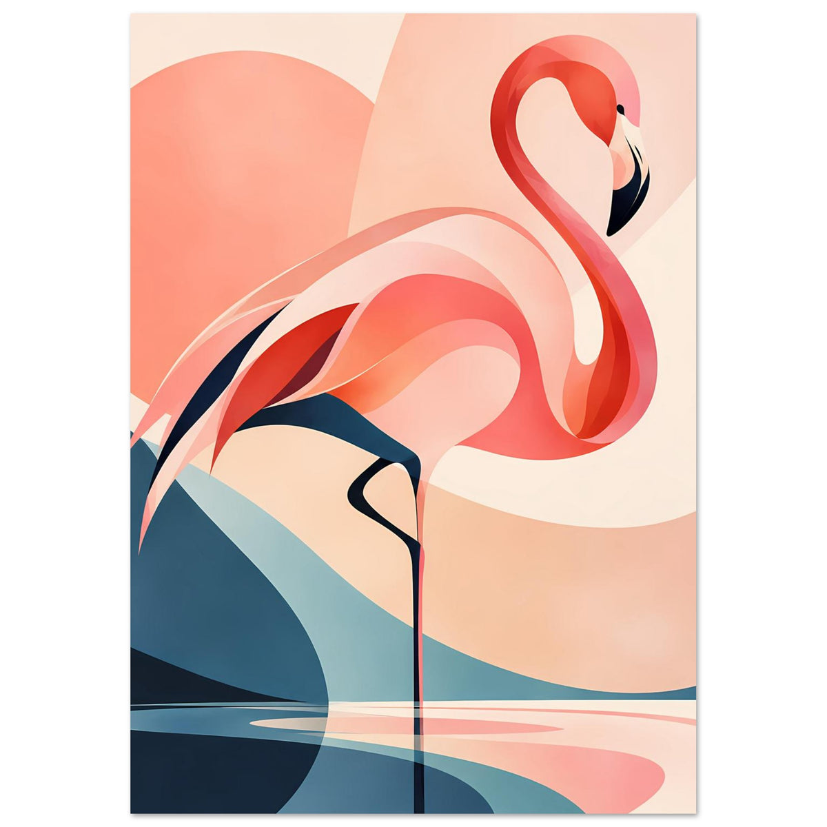 Flamingo-Sonnenuntergangs-Kunstdruck: Flamingo in Rot und Beige vor blauen Formen