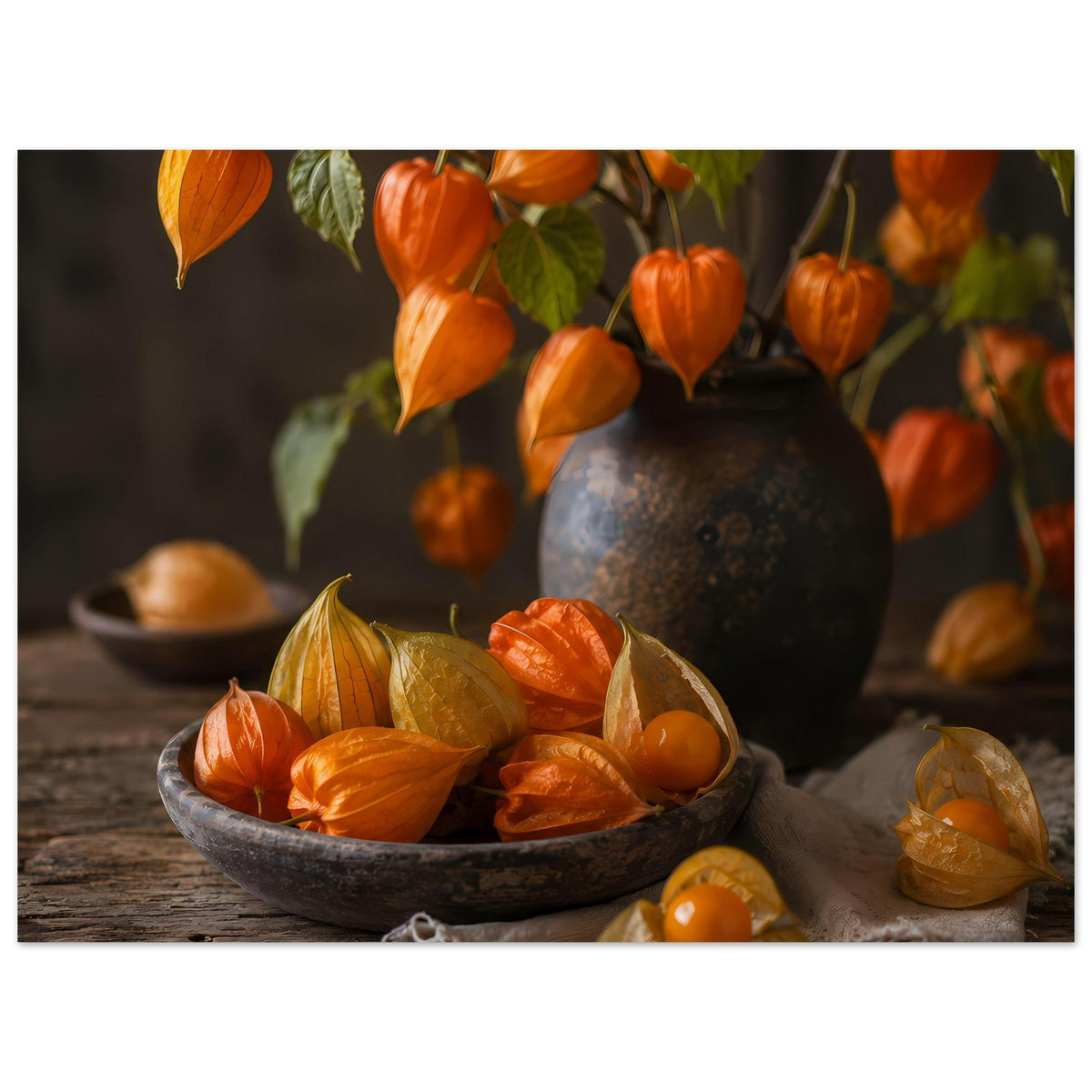 Herbst-Poster mit Kürbissen in einer Schale und hängenden orangefarbenen Früchten