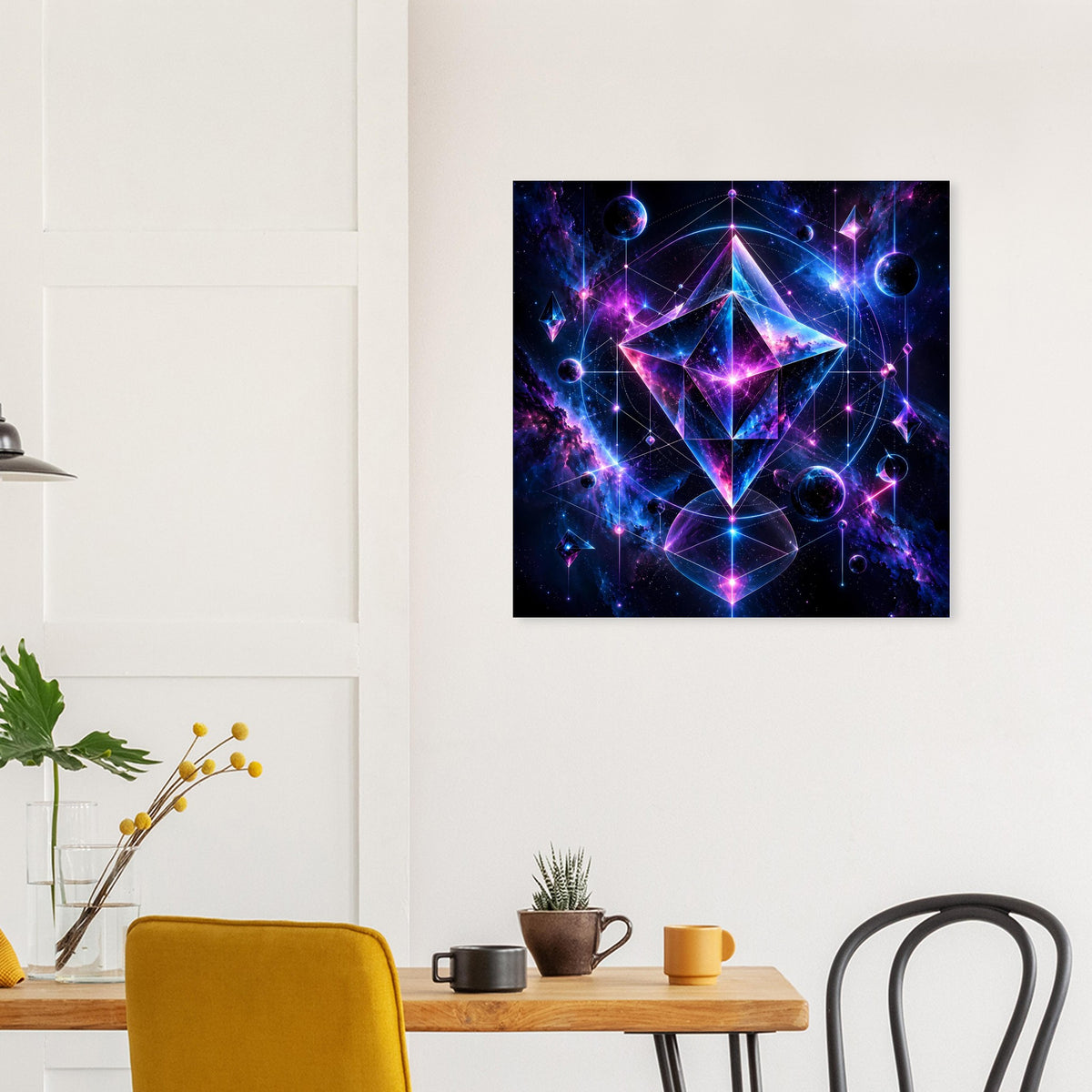 Quadratisches Wandposter mit zentralem Sternmuster und Kreisen, Farbverlauf Blau/Magenta