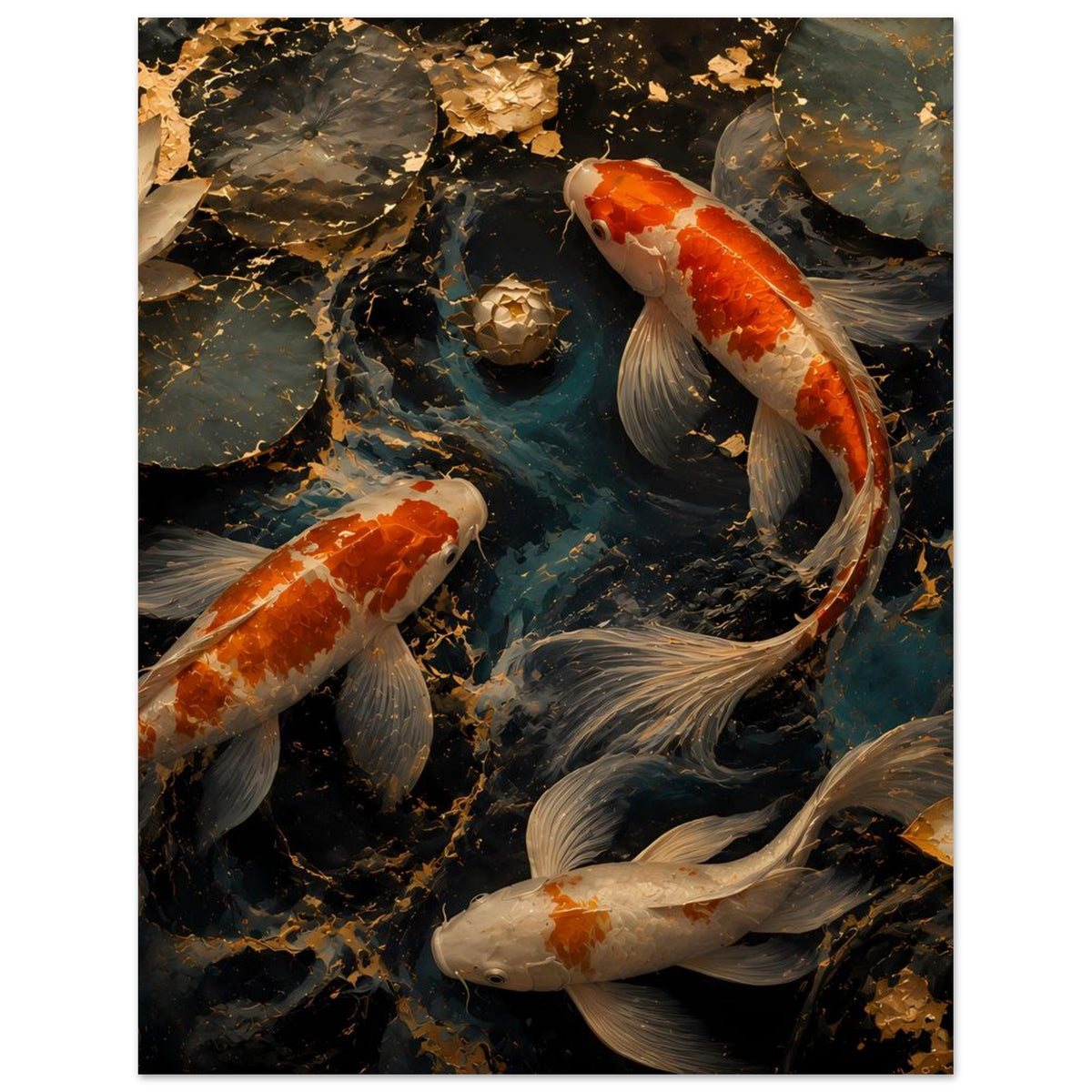 Koi-Fischkunstposter, orange-weiße Karpfen im Teich zwischen dunklen Felsen und goldenen Partikeln