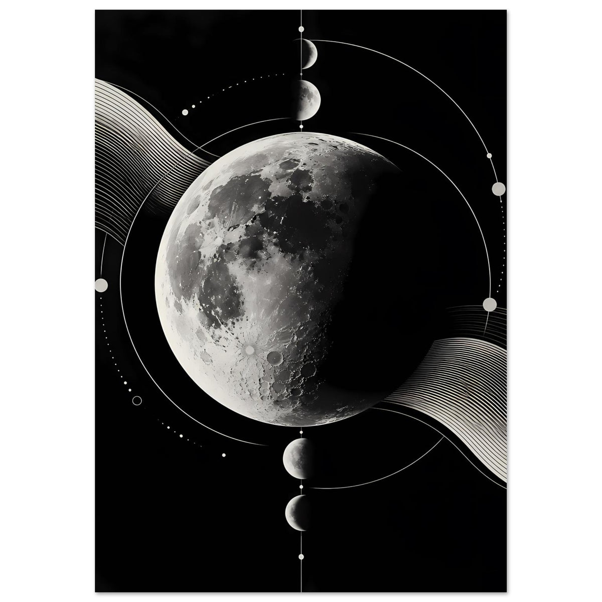 Poster mit Mondphasen: silbergrauer Mond, feine Linienkreise, Wellenmuster und Punktketten