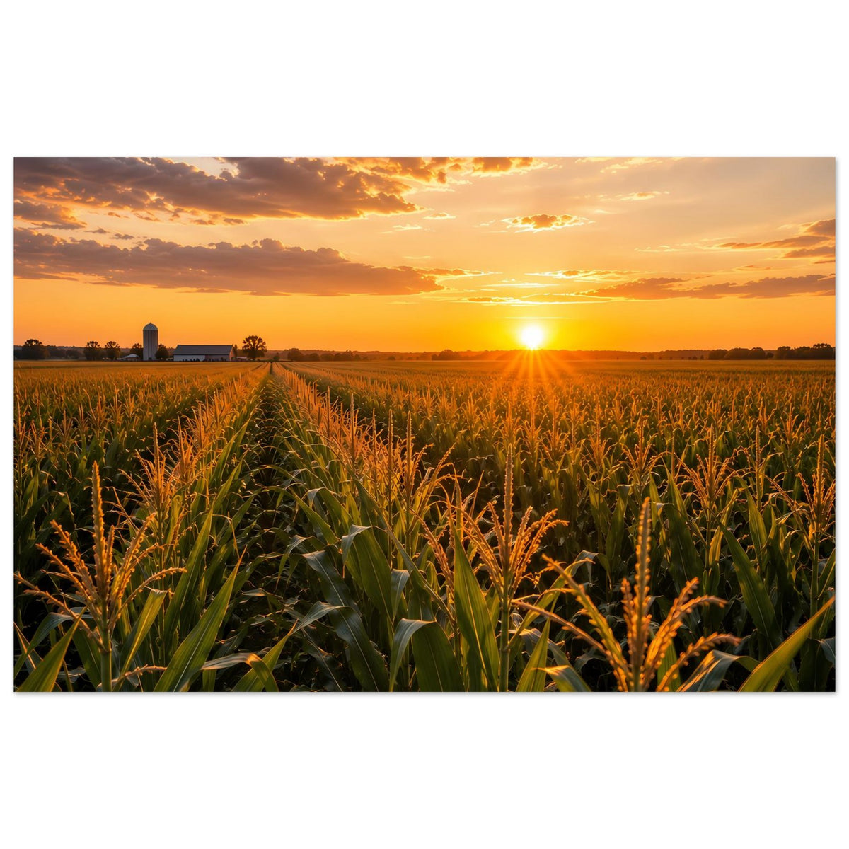 Breitformat-Poster mit grünen Maispflanzen und goldener Sonne am Horizont
