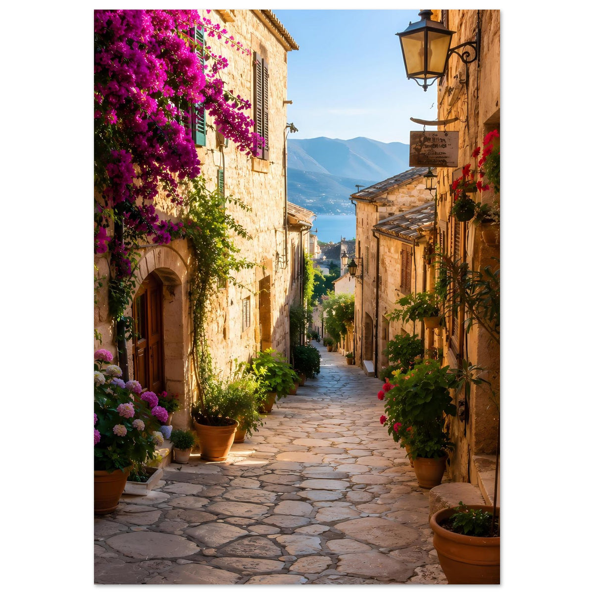 Mediterranes Gassenposter, linke Blumenwand mit lila Blüten und Töpfen, schmale Gasse nach vorn