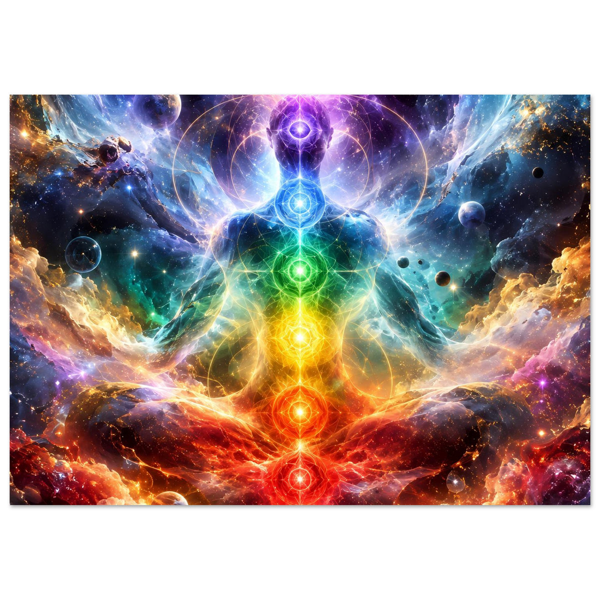 Meditationsposter mit farbigem Chakra-Energiefluss, leuchtender Figur im Weltall, zwei Punkte rechts oben