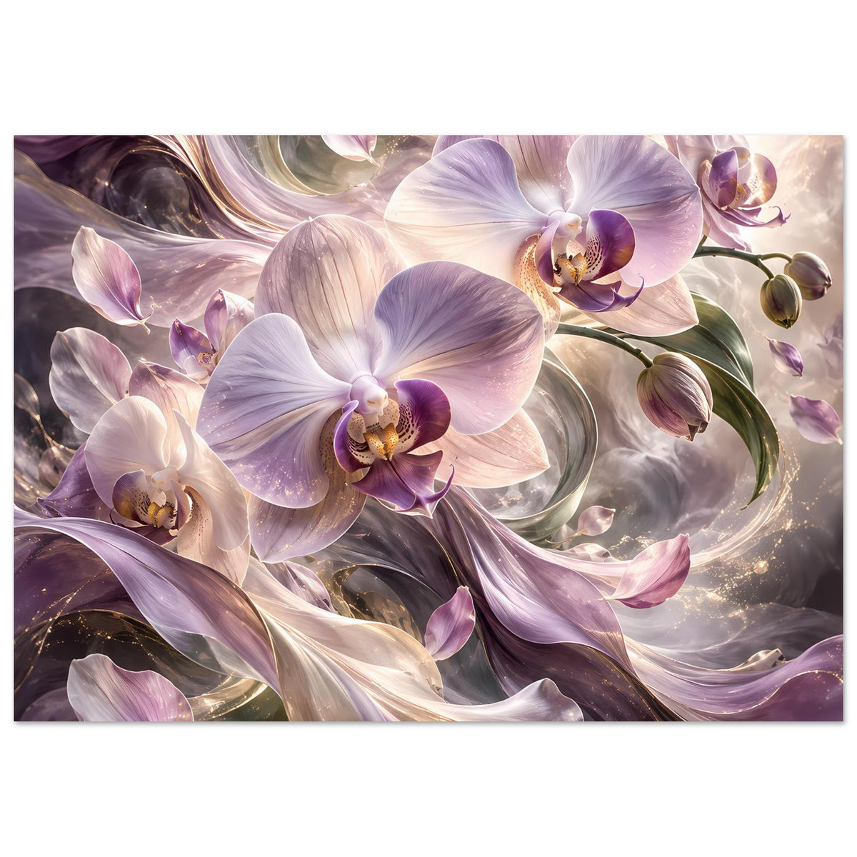 Horizontales Blumenposter mit violetten und cremefarbenen Orchideenblüten im Motiv