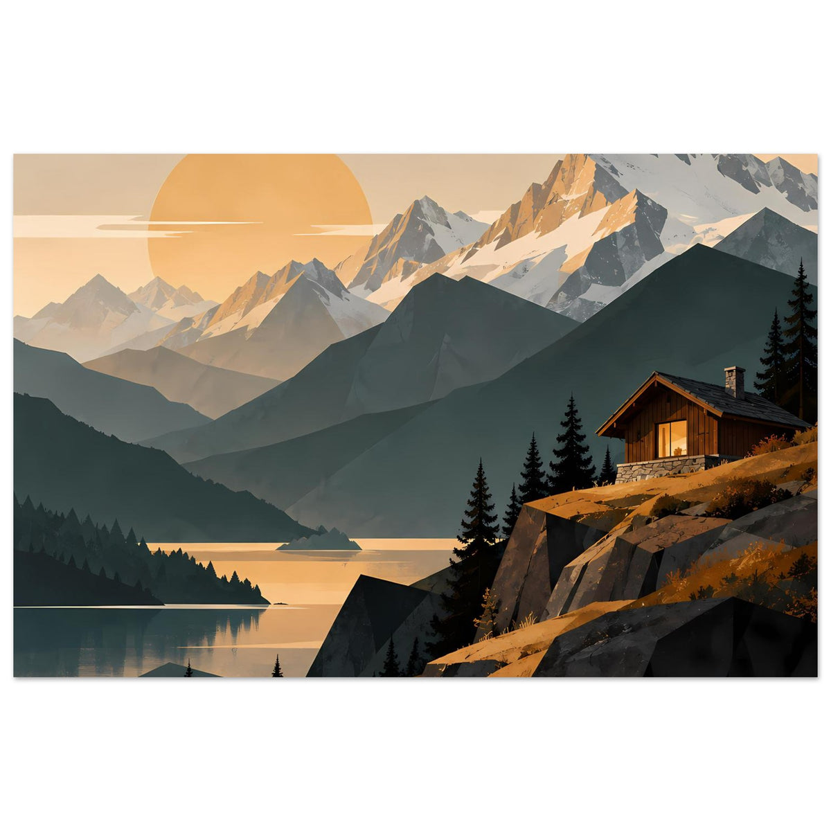 Poster mit Alpenlandschaft: See, Berge und Holzhaus am Hang, goldene Sonne