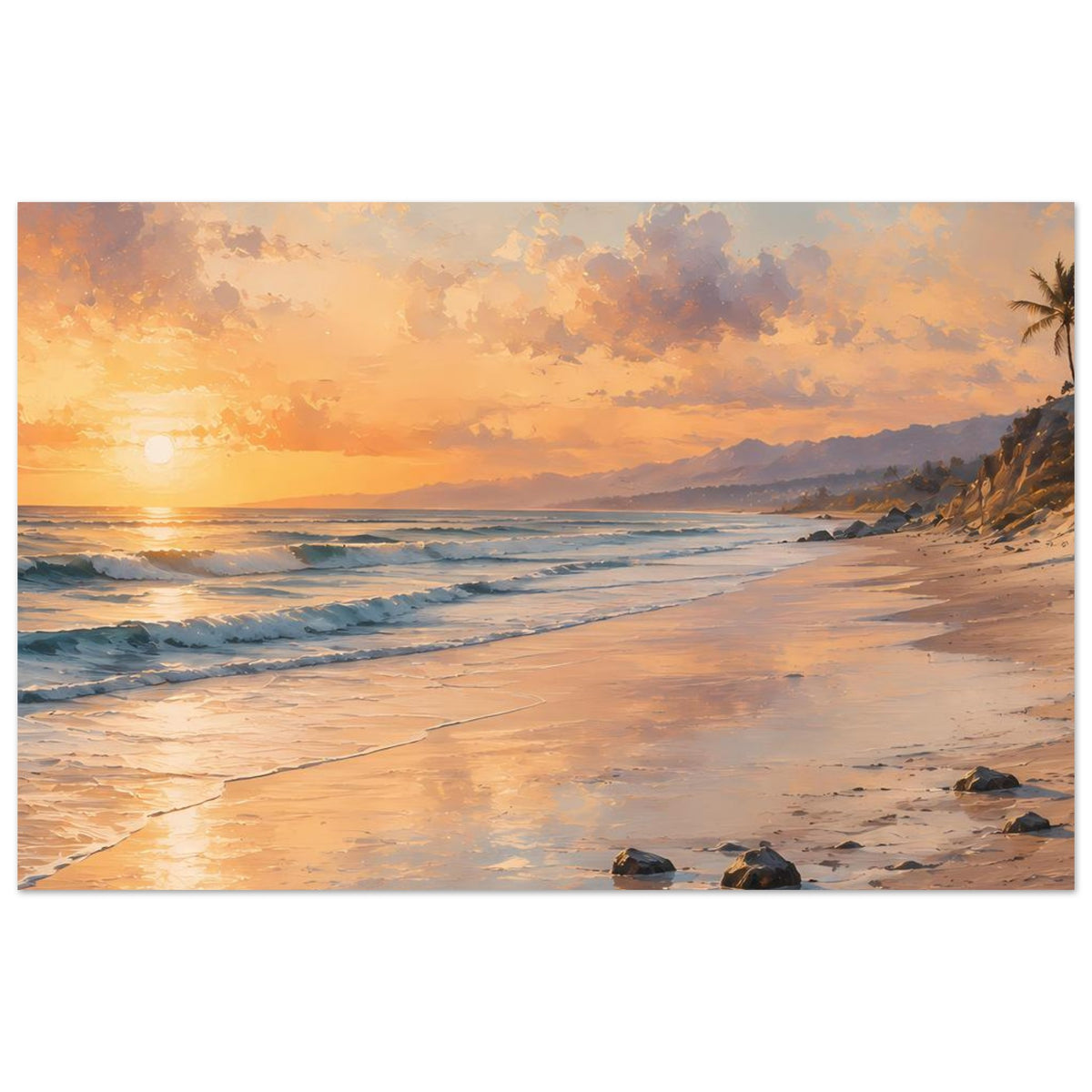 Strand-Sonnenuntergang Poster auf mattem Papier, querformat, mit Sonnenlicht auf dem Sand