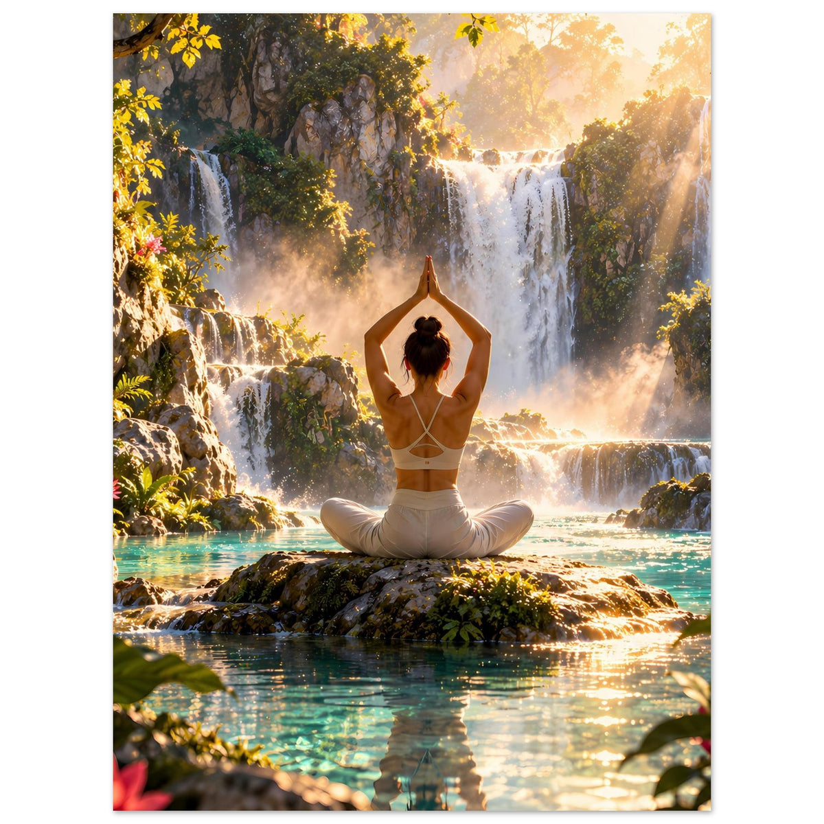 Hochformatiges Yoga-Meditationsposter: Frau im Lotussitz mit erhobenen Händen vor Wasserfällen