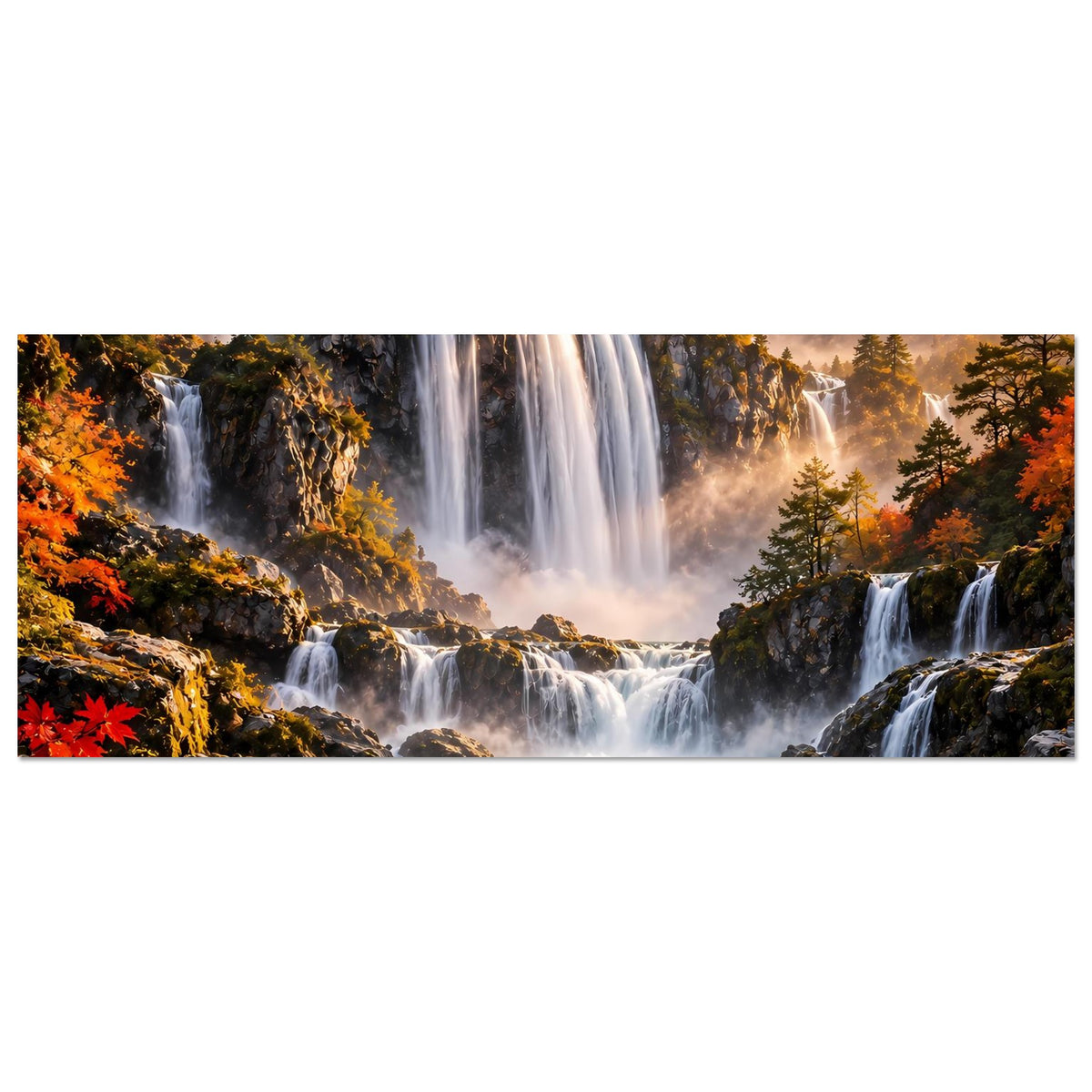 Horizontales Poster mit breiten Wasserfällen, Herbstwald und Bergpanorama