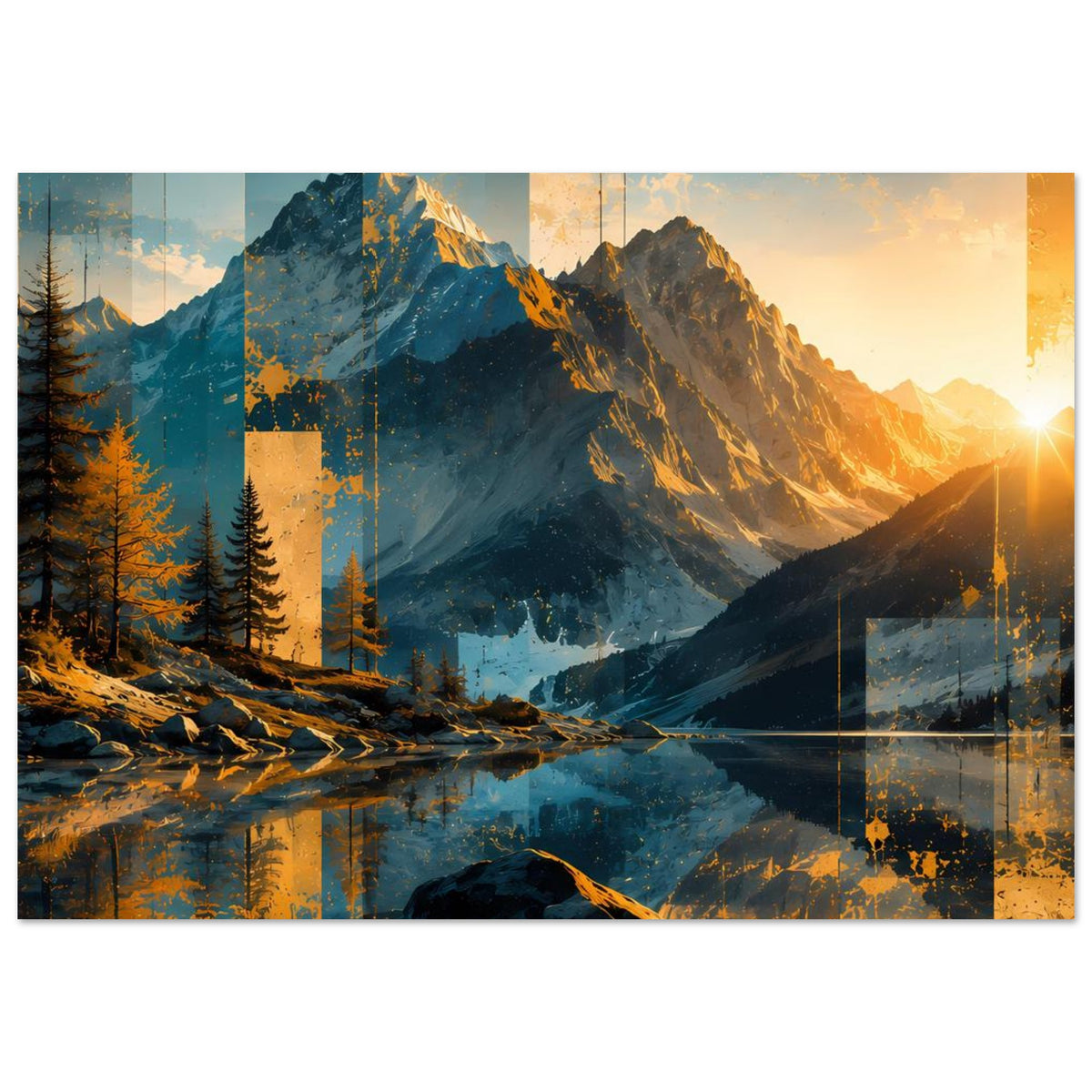 Horizontales Poster Berglandschaft: Sonnenstrahl, Berge, Talwasser mit Spiegelbild, abstrakte Farbfelder