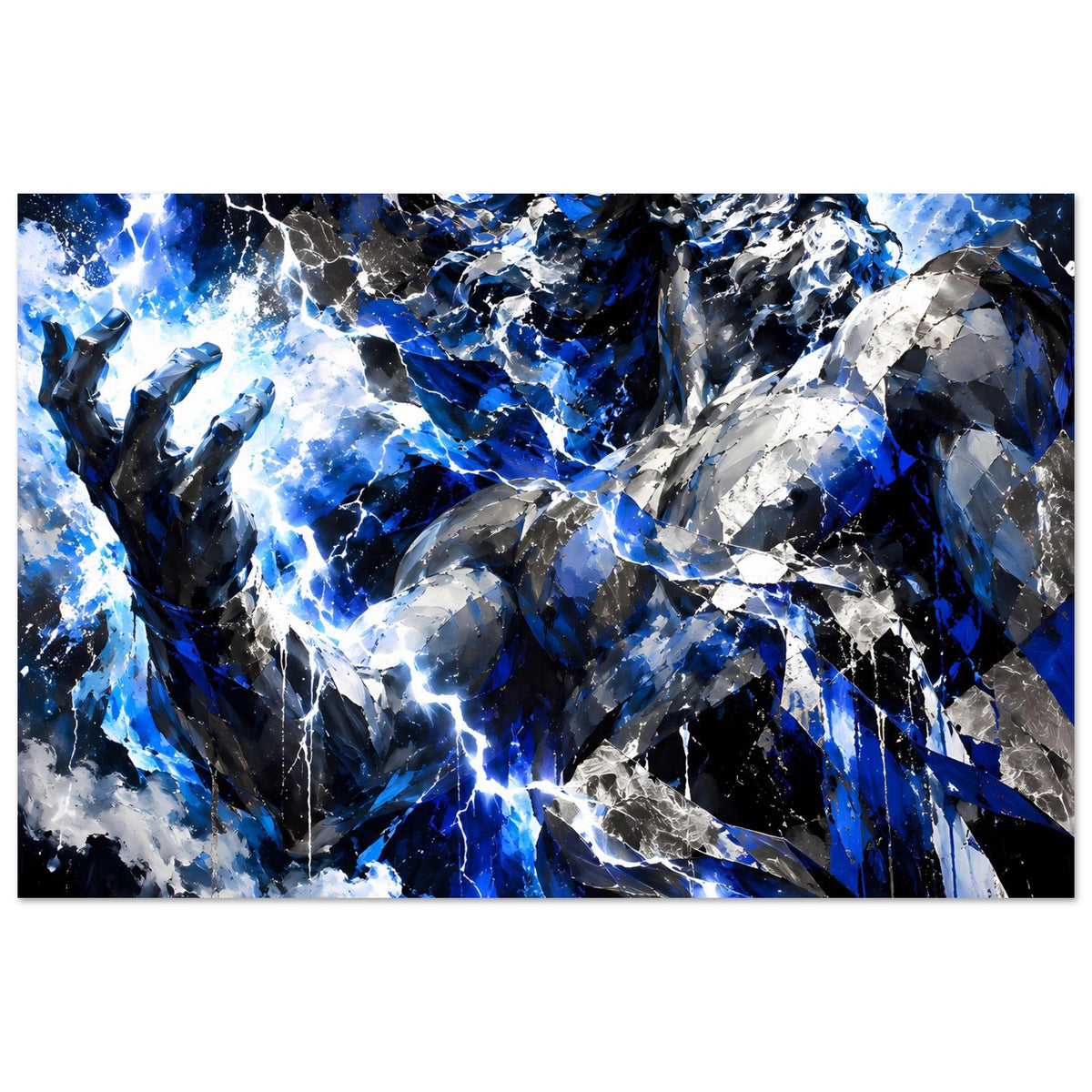 Breites Poster mit abstraktem Zeus-Blitzmotiv, starke Kontraste in Blau, Schwarz und Grau.