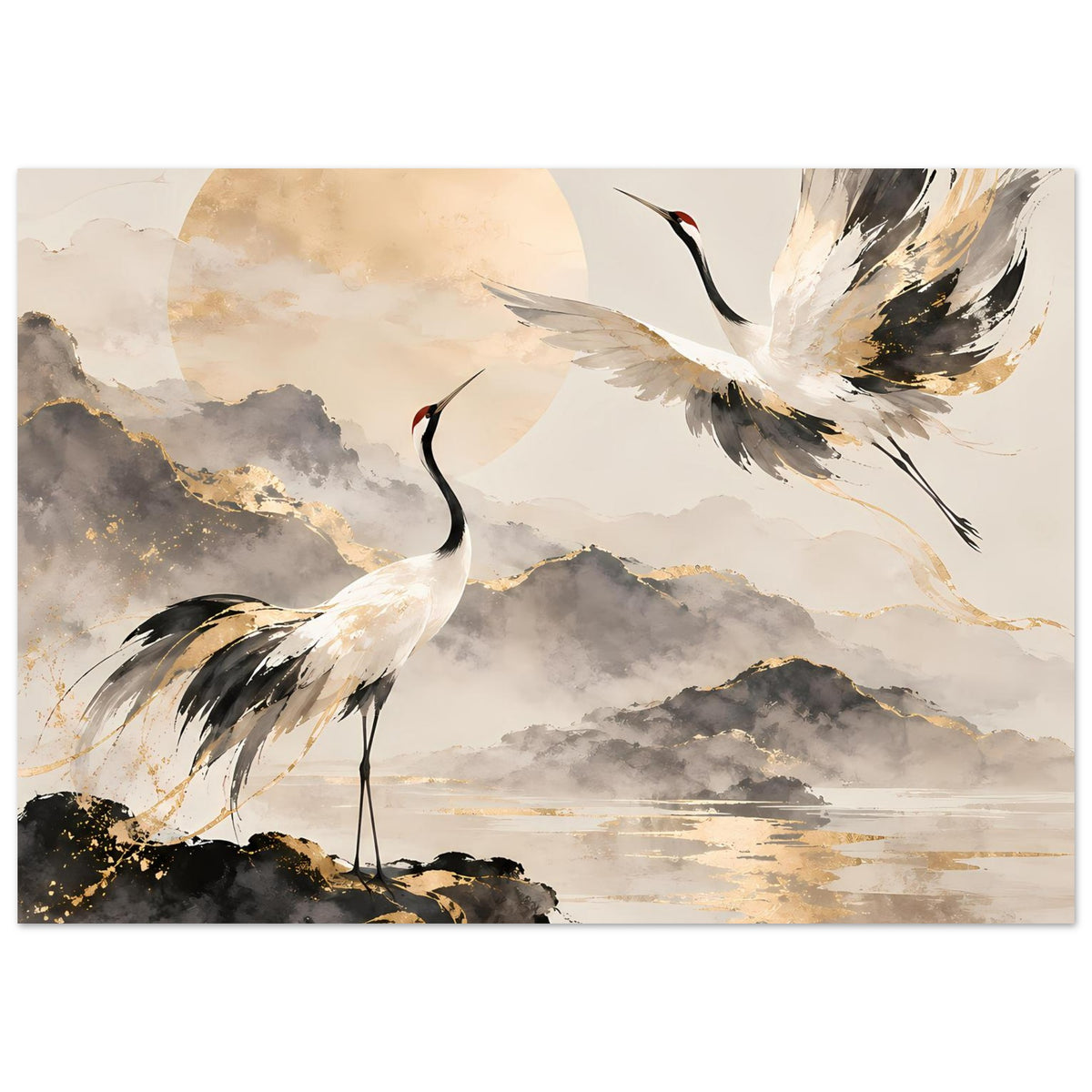 Poster mit Kranichen in sanften Gold- und Grautönen, zwei Vögel, Wolken und Wasserlinie
