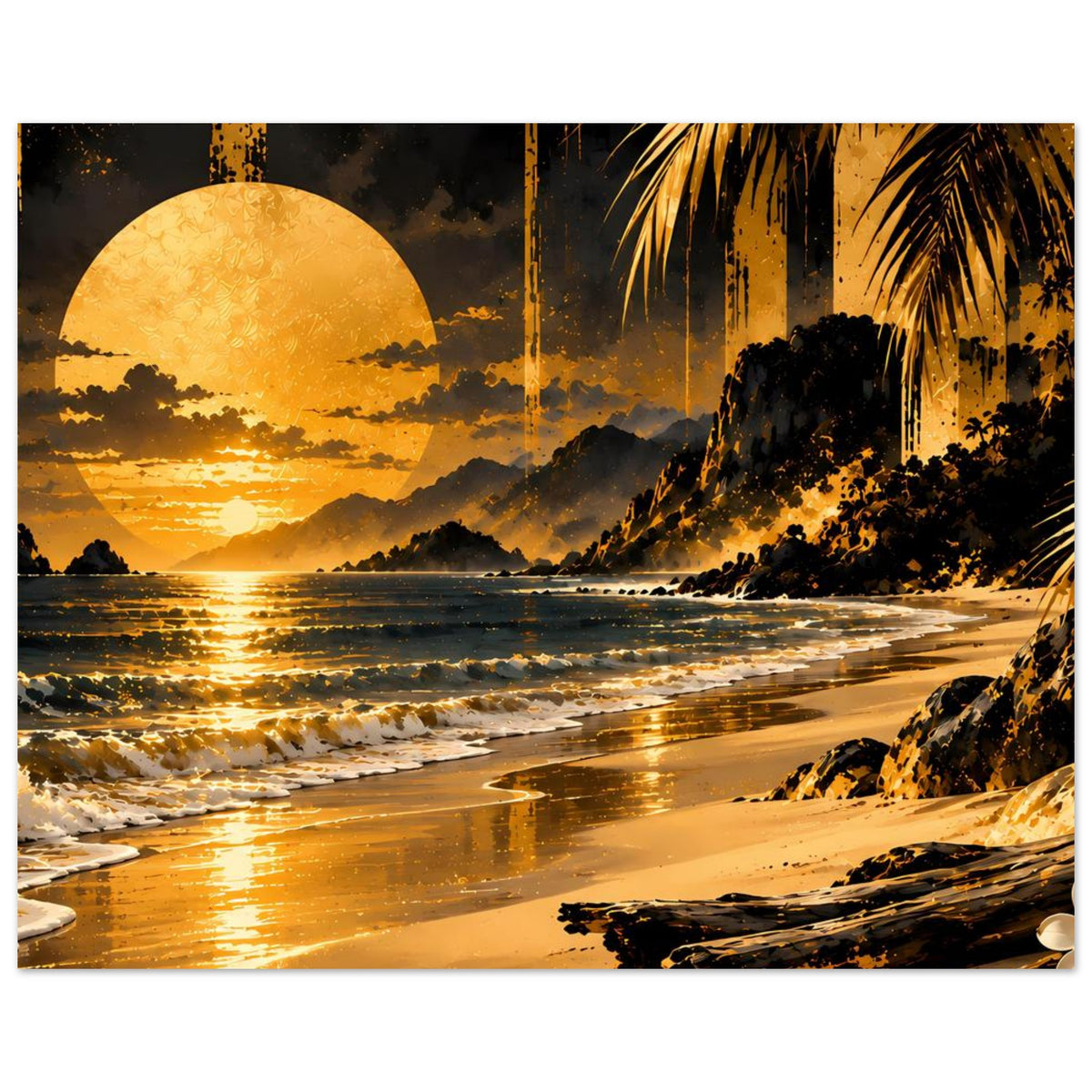 Strandposter im Querformat: goldene Sonne, Palmen am Ufer und reflektierendes Wasser