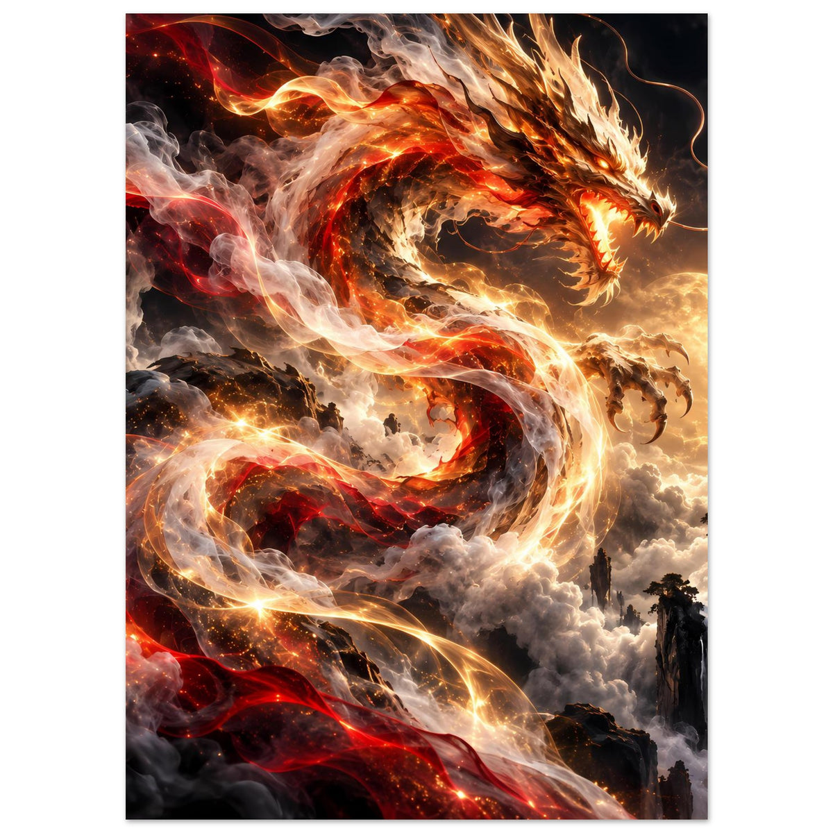 Vertikales Fantasy-Poster: fliegender Drache in Flammen, goldene Energiebahnen im Rauch