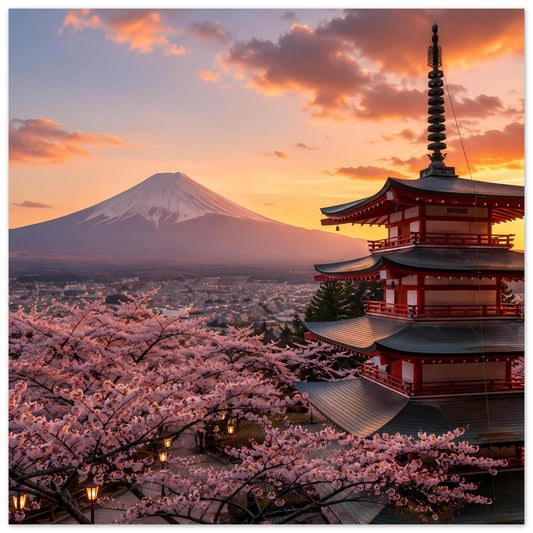 Poster mit Kirschblüten, Pagode und Mount Fuji bei Sonnenuntergang