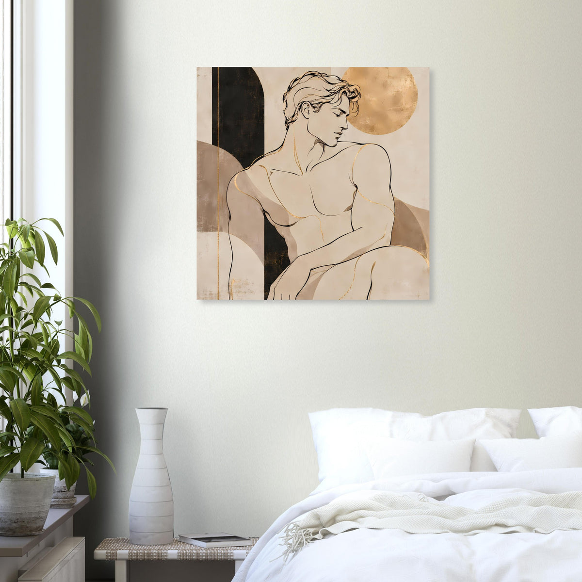 Wandkunstposter mit Aktfigur, warmen Erdtönen und goldfarbenem Halbkreis