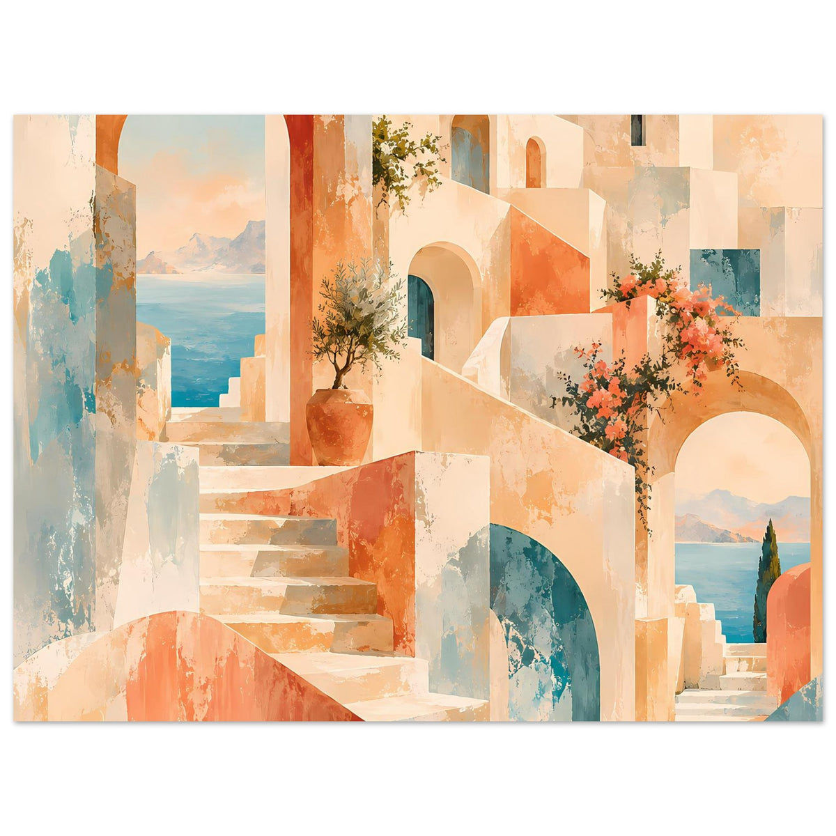 Mediterranes Poster mit Treppe, Rundtoren, Pastellhäusern, Meer im Hintergrund und Blüten